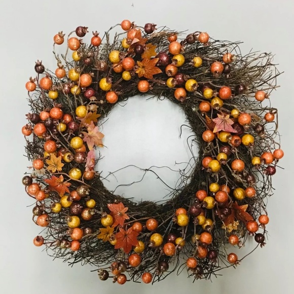 Other - Fall Thanksgiving 19” Artificial Berries Leaf Harvert Festival Wreath Glitter